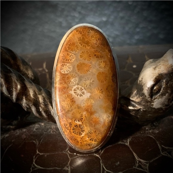 Huge Fossilized Coral Sterling Silver Ring Vintage 925 stamped Size 13.5 - Picture 8 of 10